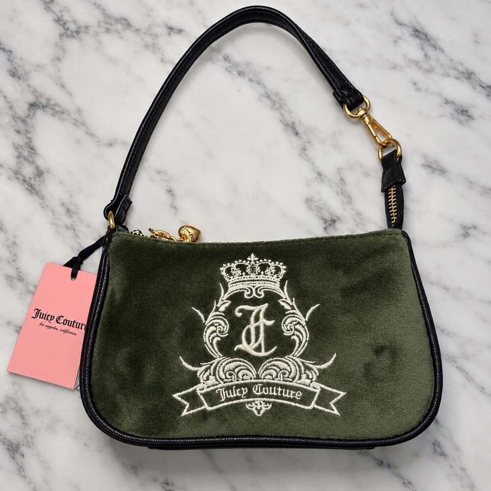 Juicy Couture Olive Green Velour Crest Baguette Shoulder Bag Y2K
